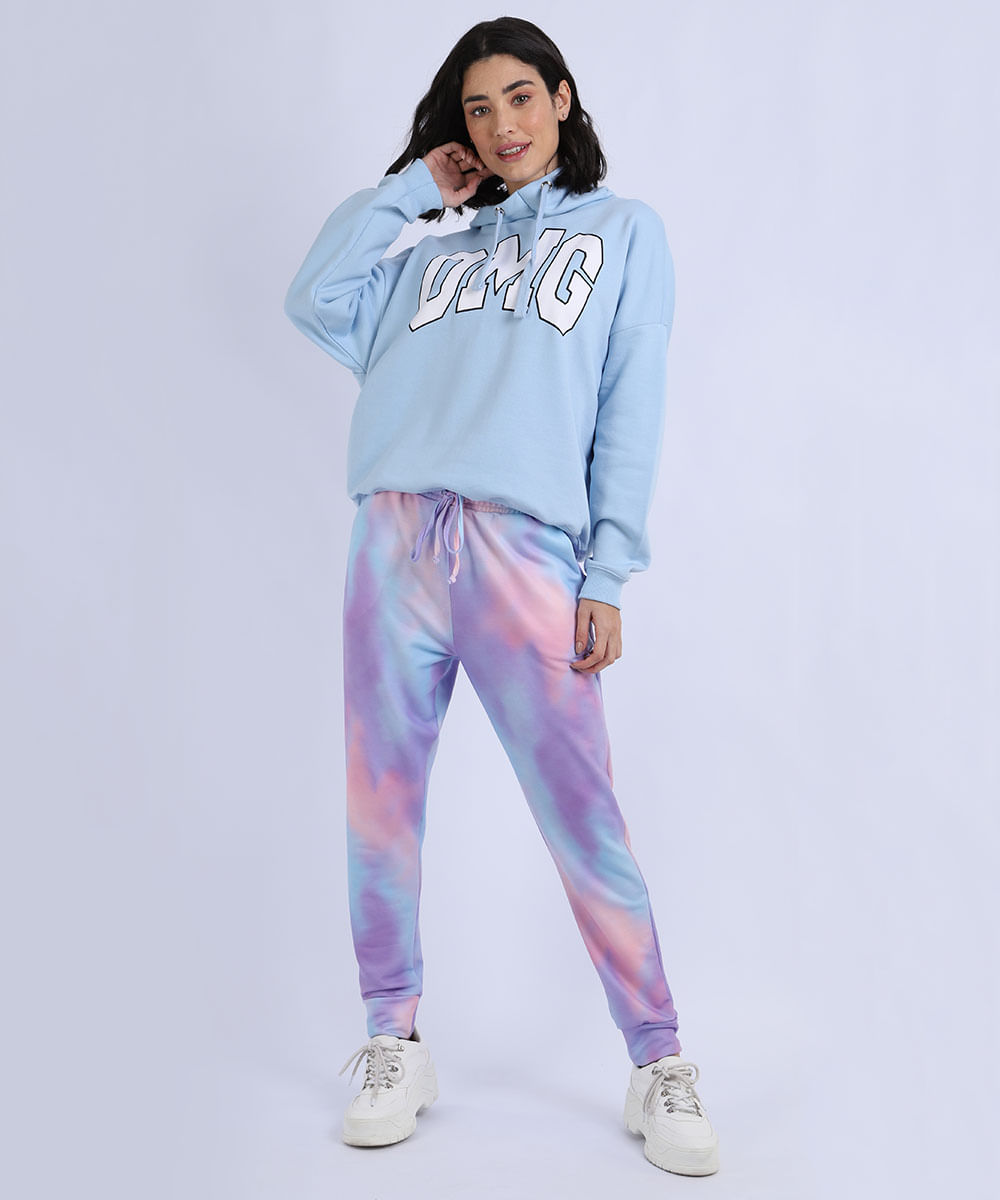 blue tie dye moletom com capuz and sweatpants set