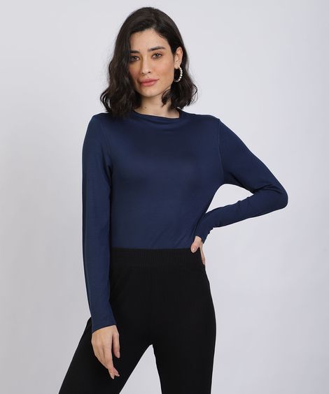 Blusa Feminina Básica Manga Longa Gola Alta Azul Marinho