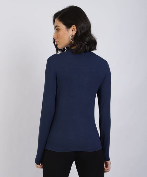 Blusa Feminina Básica Manga Longa Gola Alta Azul Marinho