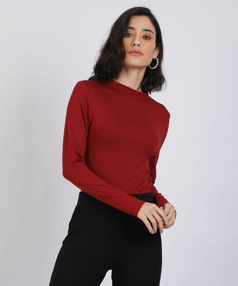 Blusa Feminina Básica Manga Longa Gola Alta Vermelha Escuro