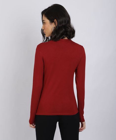 Blusa Feminina Básica Manga Longa Gola Alta Vermelha Escuro