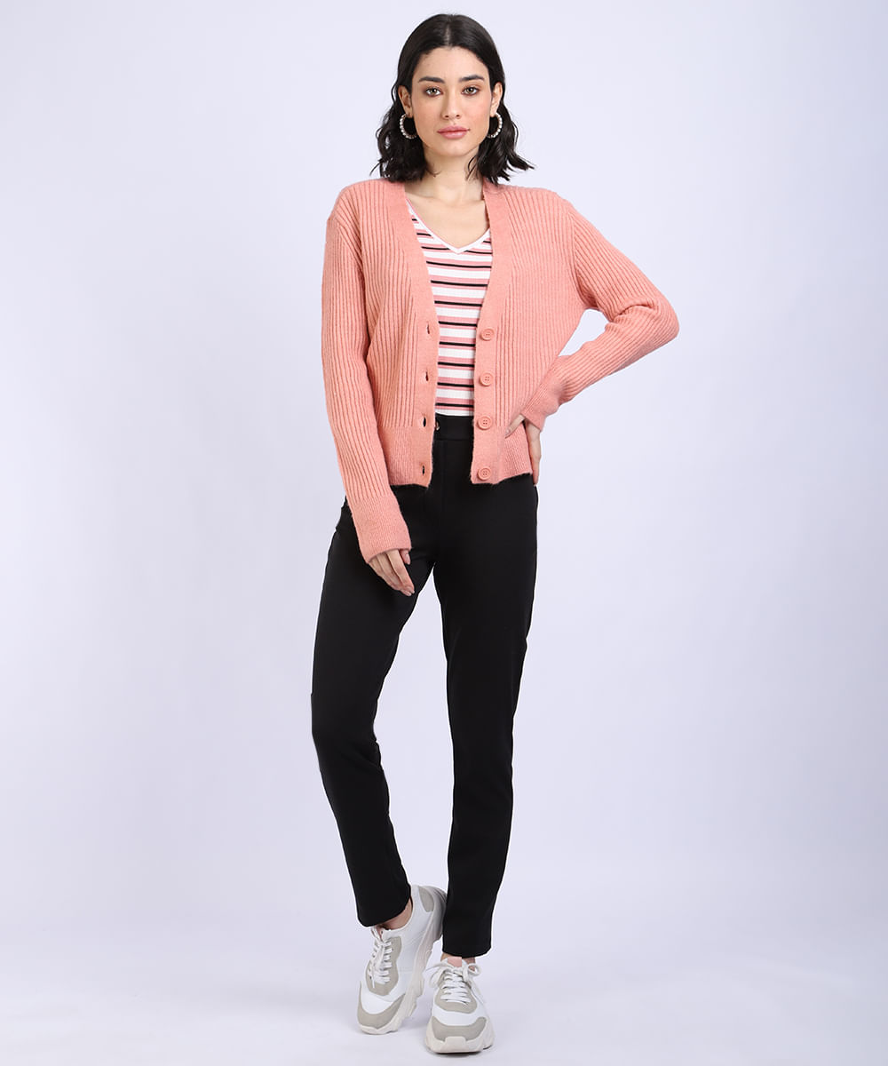 Cardigan Feminino Básico em Tricô com Botões Rosa