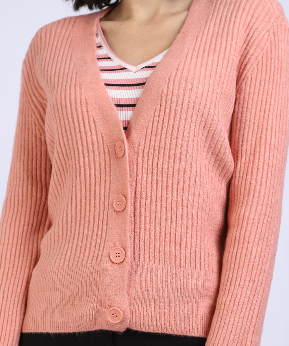Cardigan Feminino Básico em Tricô com Botões Rosa