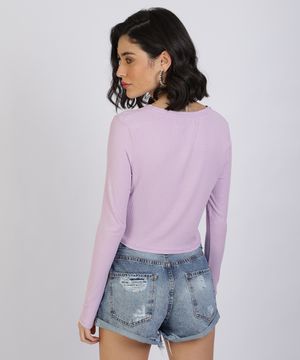 Blusa Feminina Canelada Manga Longa com Argola Lilás