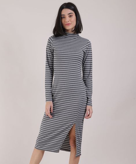 Vestido Feminino Midi Canelado Listrado com Vazado e Fenda Manga Longa Gola Alta Cinza Mescla Escuro