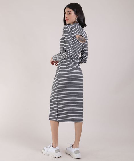 Vestido Feminino Midi Canelado Listrado com Vazado e Fenda Manga Longa Gola Alta Cinza Mescla Escuro
