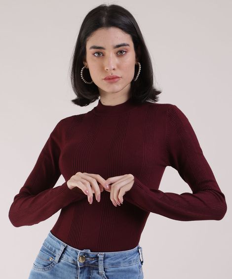 suéter básico de tricot canelado - vinho