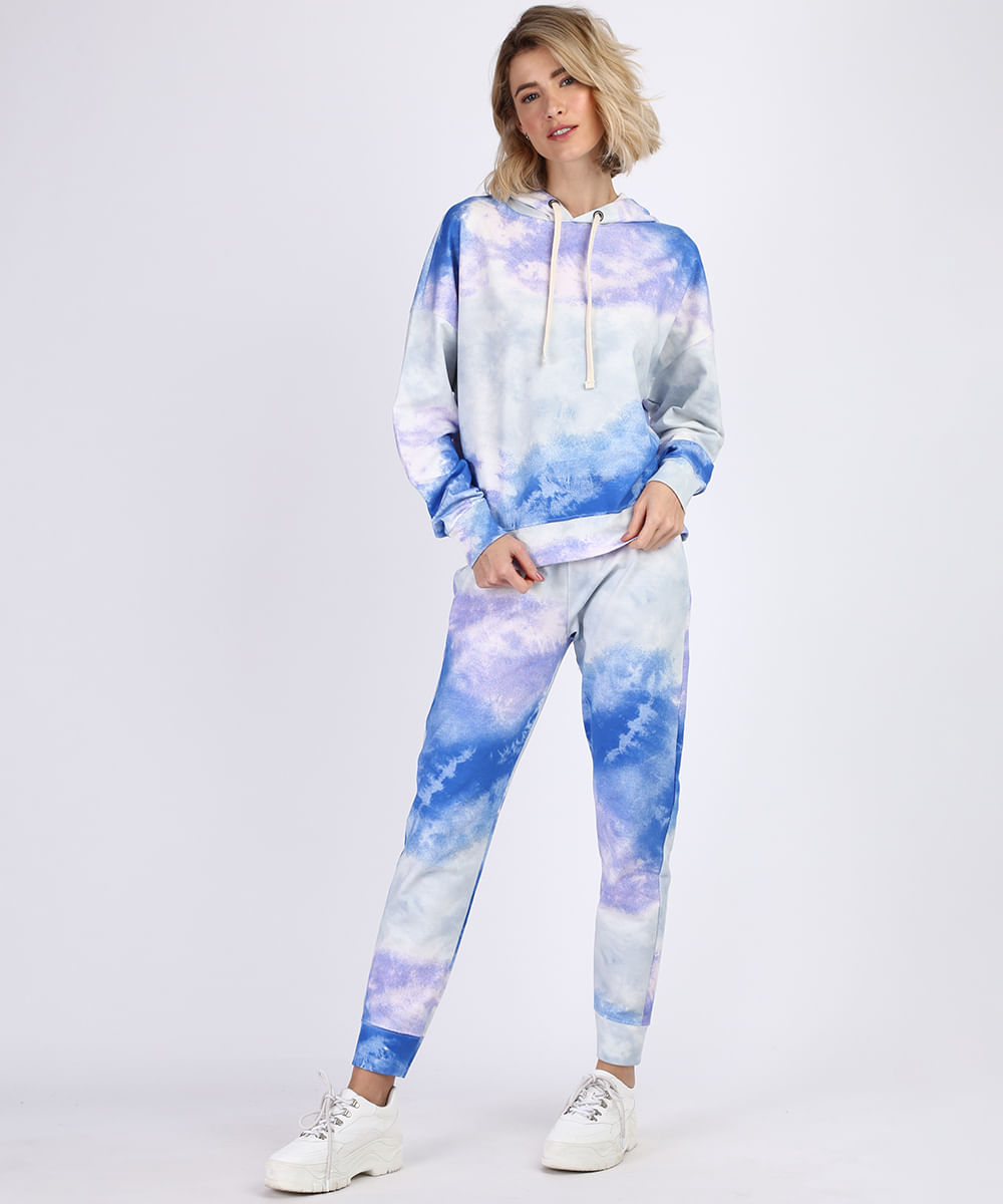 blue tie dye moletom com capuz and sweatpants set