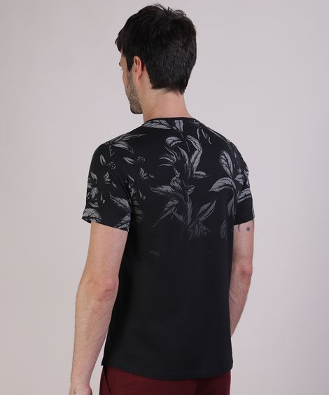 Camiseta Masculina Slim Degradê Estampada de Folhagem Manga Curta Gola Careca Preta