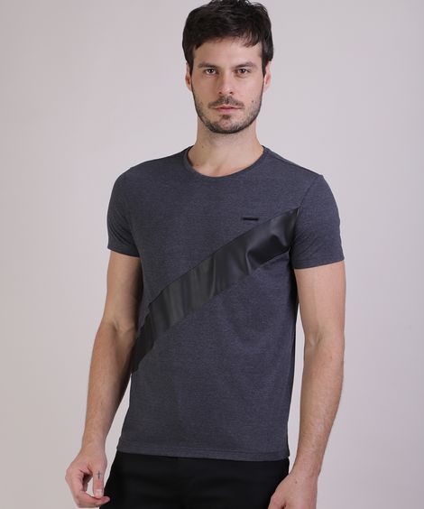 Camiseta Masculina Slim com Recorte Manga Curta Gola Careca Cinza Mescla Escuro