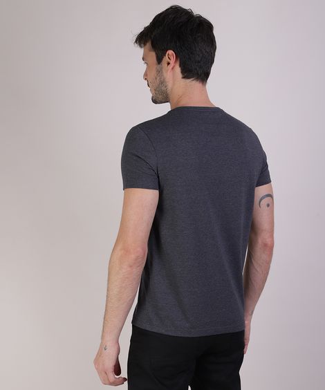 Camiseta Masculina Slim com Recorte Manga Curta Gola Careca Cinza Mescla Escuro