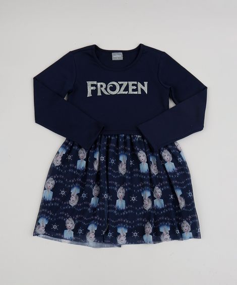 Vestido Infantil Elsa Frozen Metalizado com Tule Manga Longa Azul Marinho