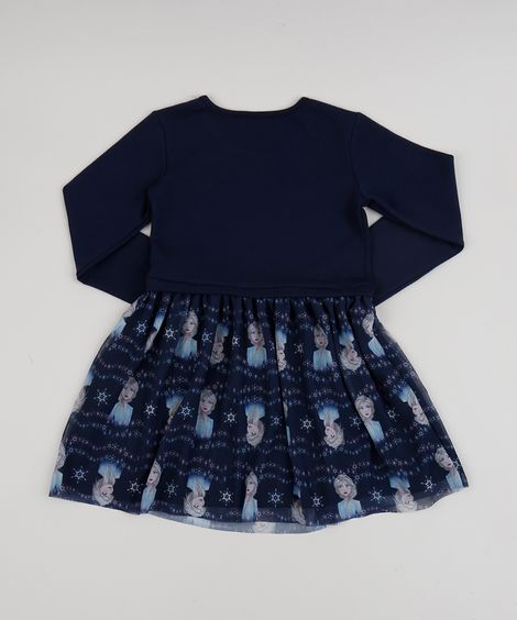 Vestido Infantil Elsa Frozen Metalizado com Tule Manga Longa Azul Marinho