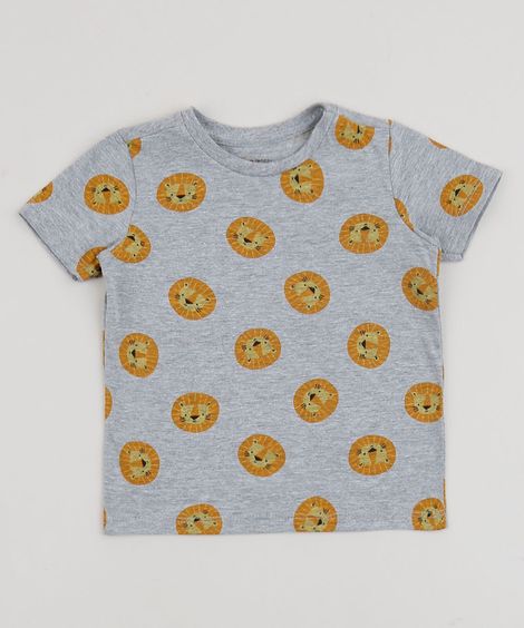 Camiseta Infantil Estampada de Leãozinho Manga Curta Gola Careca Cinza Mescla