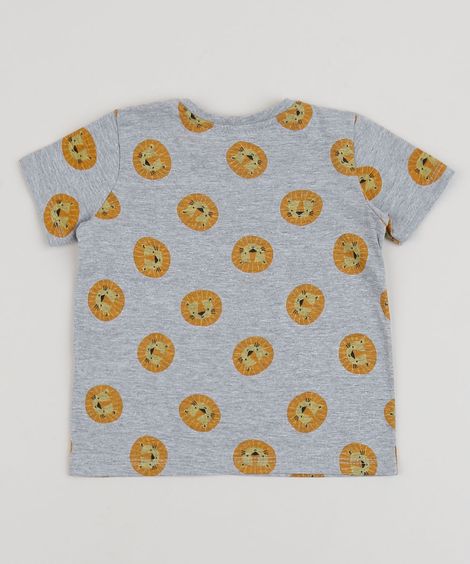 Camiseta Infantil Estampada de Leãozinho Manga Curta Gola Careca Cinza Mescla
