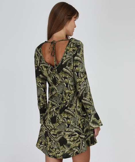 Vestido Feminino Curto Folhagens Manga Longa Decote em V Preto