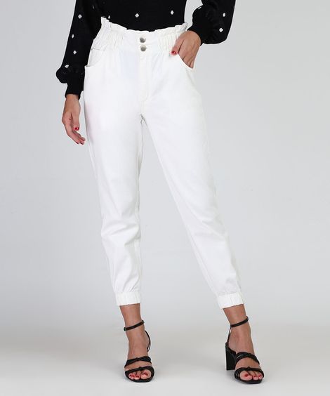 Calça de Sarja Feminina Mom Jogger Cintura Super Alta Off White