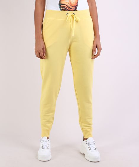Calça Feminina em Moletom Jogger Cintura Média com Bolsos Amarelo Claro