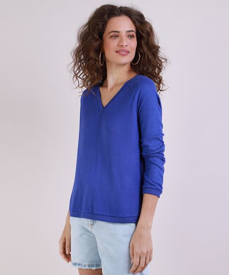 Suéter de Tricô Feminino Raglan Decote V Azul