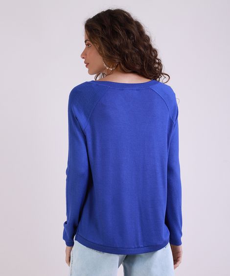 Suéter de Tricô Feminino Raglan Decote V Azul