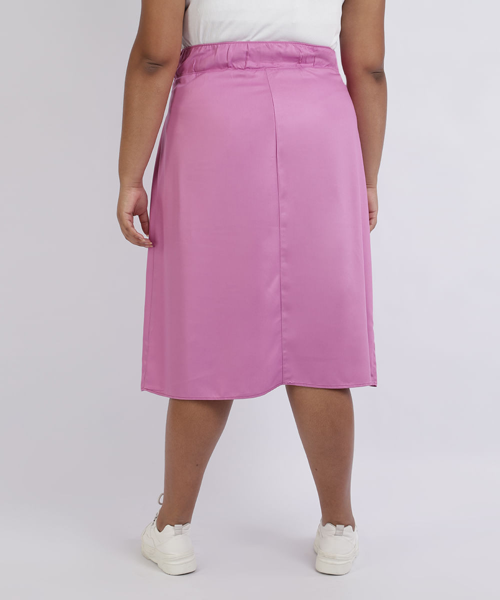 Saia Feminina Plus Size Midi com Fenda Rosa