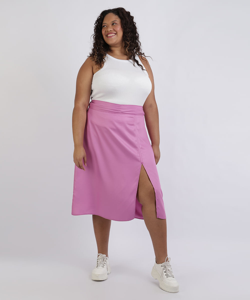 Saia Feminina Plus Size Midi com Fenda Rosa