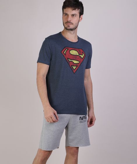 Camiseta Masculina Super Homem Manga Curta Gola Careca Cinza Mescla Escuro
