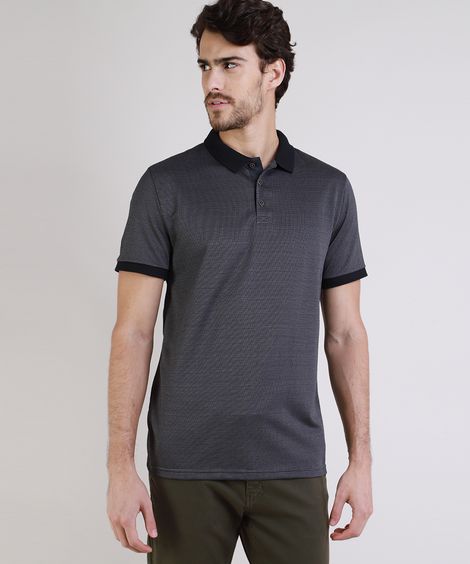 Polo Masculina Tradicional Maquinetada Manga Curta Preta