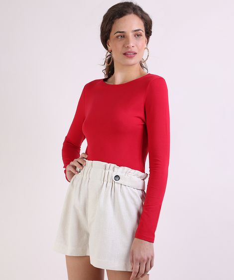 Blusa Feminina Básica Manga Longa Decote Redondo Vermelho