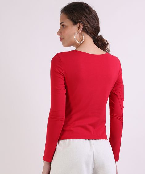 Blusa Feminina Básica Manga Longa Decote Redondo Vermelho