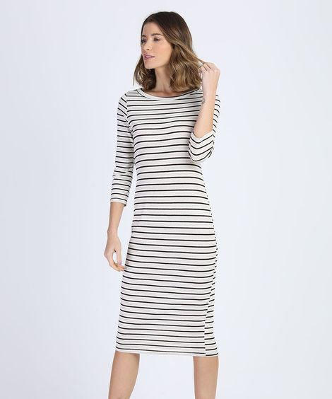 Vestido Feminino Midi Listrado Manga 3/4 Off White