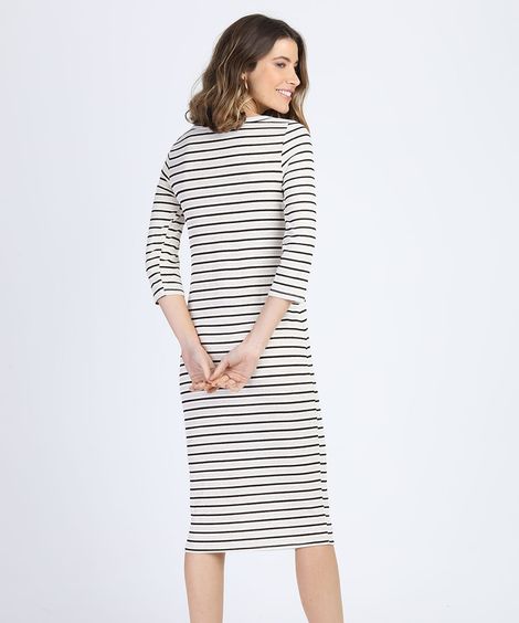 Vestido Feminino Midi Listrado Manga 3/4 Off White