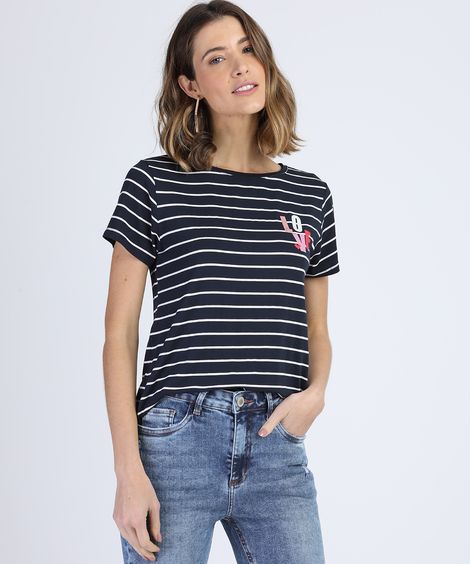 Blusa Feminina "Love" Listrada Manga Curta Decote Redondo Azul Marinho