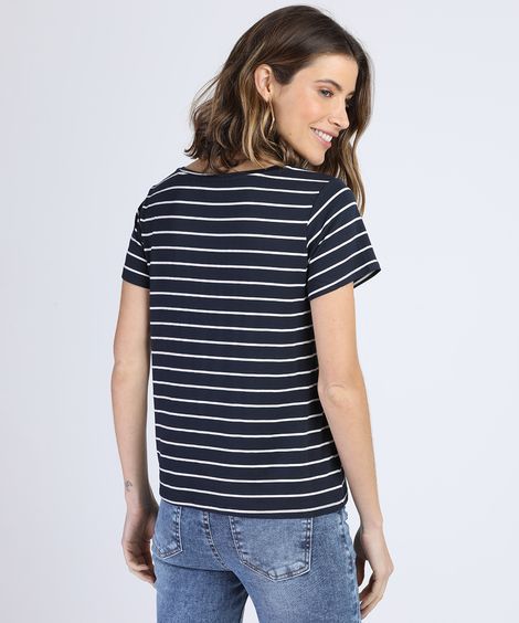 Blusa Feminina "Love" Listrada Manga Curta Decote Redondo Azul Marinho