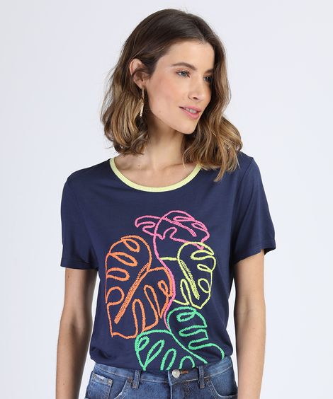 Blusa Feminina Folhas Manga Curta Decote Redondo Azul Marinho