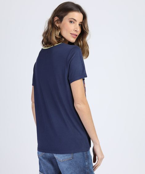Blusa Feminina Folhas Manga Curta Decote Redondo Azul Marinho