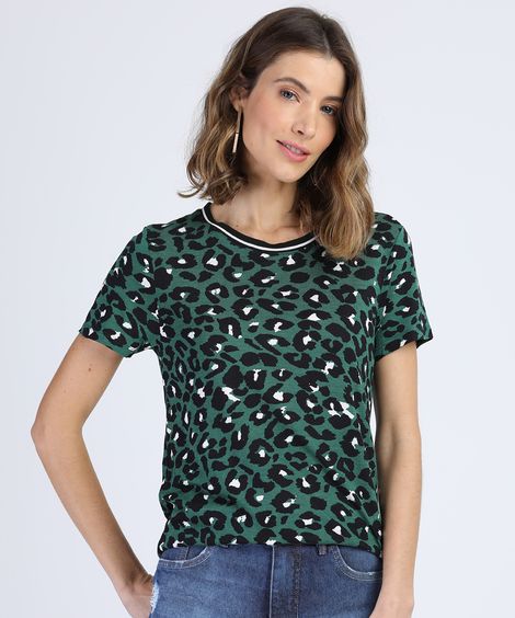 Blusa Feminina Estampada Animal Print Manga Curta decote redondo Verde Escuro