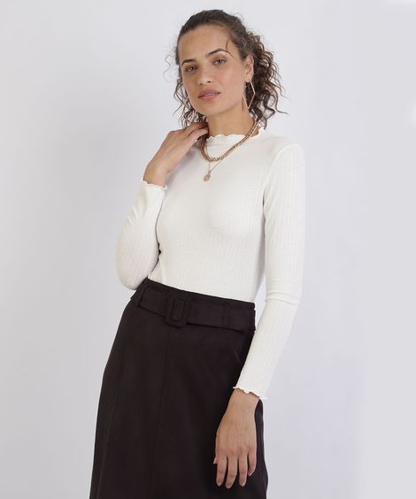 Blusa Feminina Básica Canelada Frufru Manga Longa Gola Alta Off White