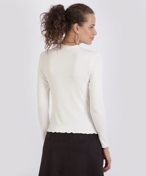 Blusa Feminina Básica Canelada Frufru Manga Longa Gola Alta Off White