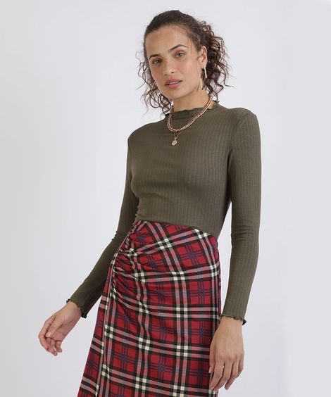 Blusa Feminina Básica Canelada Frufru Manga Longa Decote Redondo Verde Militar