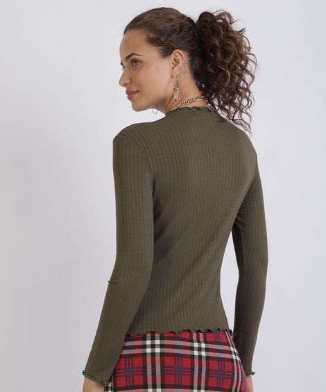 Blusa Feminina Básica Canelada Frufru Manga Longa Decote Redondo Verde Militar