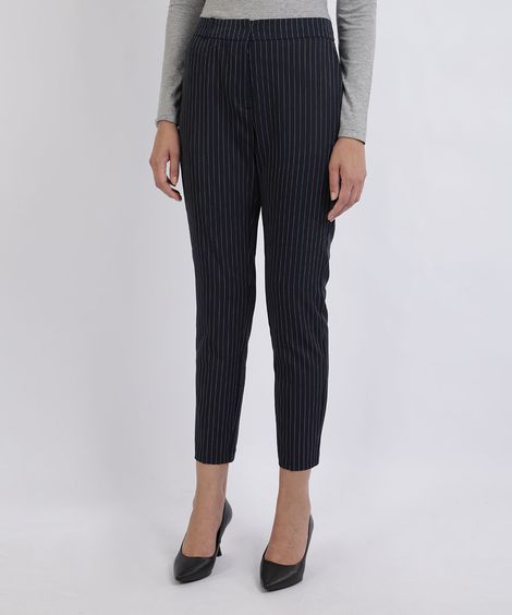 Calça Feminina Estampada Risca de Giz Cintura Média com Bolsos Azul Marinho