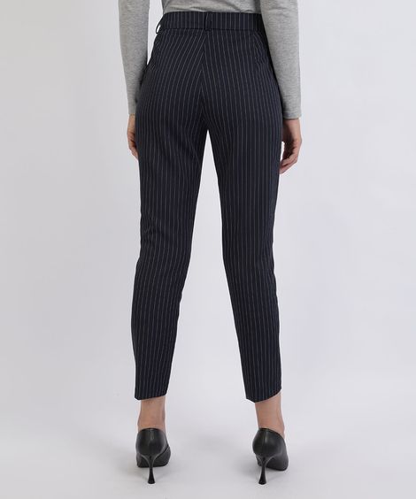 Calça Feminina Estampada Risca de Giz Cintura Média com Bolsos Azul Marinho