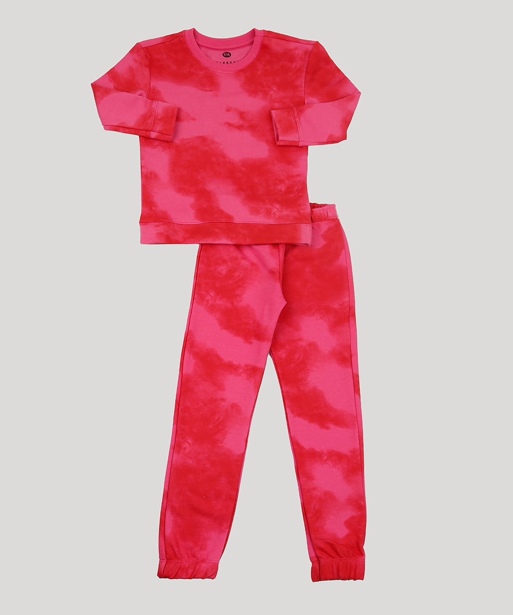 Conjunto de Moletom Infantil Mindset Blusa Estampada Tie Dye + Calça Jogger Pink Menor preço em Conjunto de Moletom Infantil Mindset Blusa Estampada Tie Dye + Calça Jogger Pink