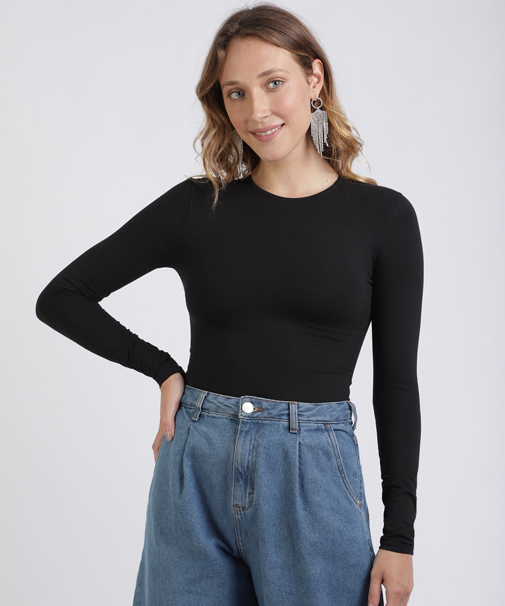 Blusa Feminina Mindset Manga Longa Decote Redondo Preta Menor preço em Blusa Feminina Mindset Manga Longa Decote Redondo Preta