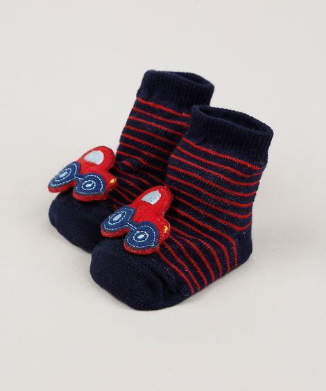 Meia Infantil Listrada Cano Médio com Patch Carrinho Azul Marinho