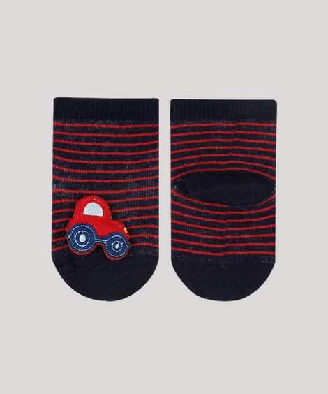Meia Infantil Listrada Cano Médio com Patch Carrinho Azul Marinho