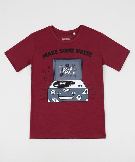 Camiseta Infantil Vitrola Estampa Interativa Manga Curta Vinho