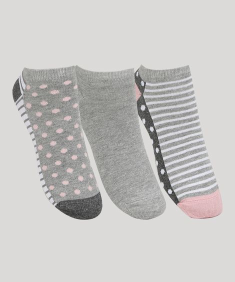 Kit de 3 Meias Femininas Cano Baixo Estampadas Multicor