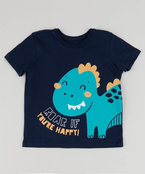 Camiseta Infantil Dinossauro "You're Happy!" Manga Curta Azul Marinho